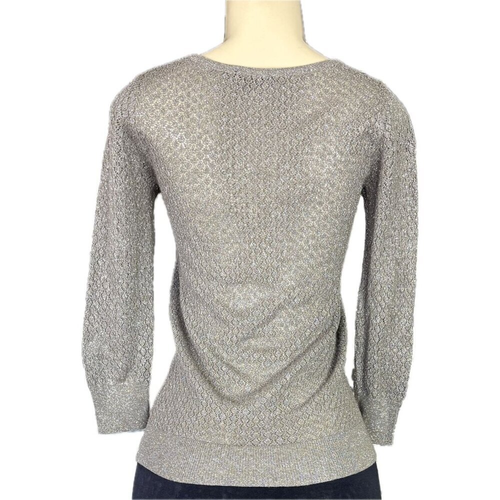 The Limited XS Gray Metallic V-Neck Open Weave Ribbed Trim 3/4 Sleeve Sweater - Picture 4 of 6